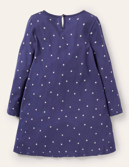 Big Appliqué Jersey Dress-Starboard Blue Space Scene