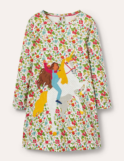 Big Appliqué Jersey Dress-Ivory Autumn Berry Unicorn