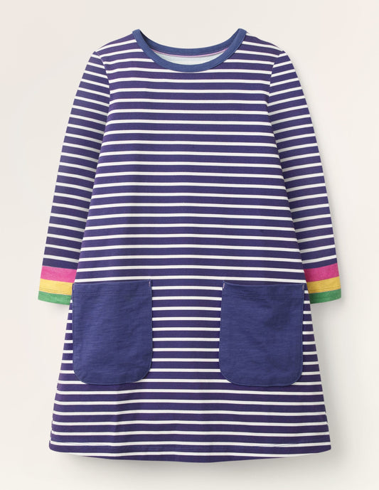 Blue Stripe Fun Pocket Jersey Dress-Starboard Blue Rainbow Cuff