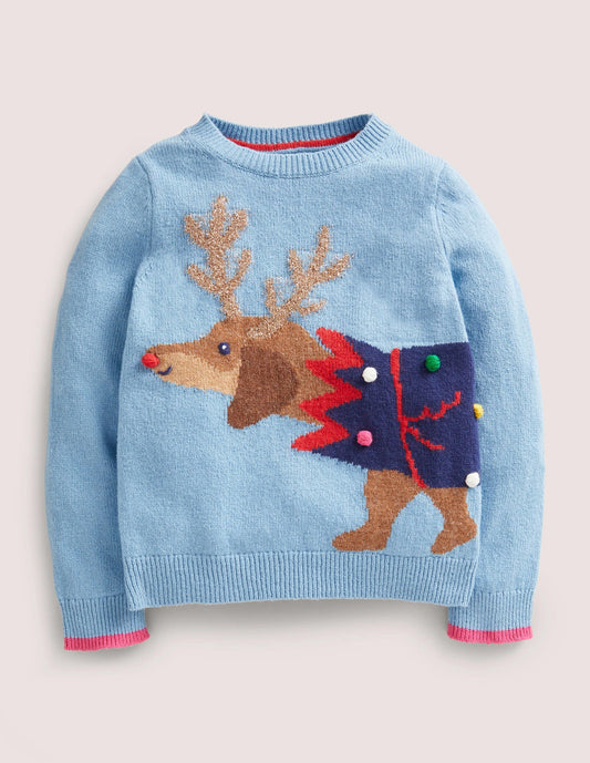 Blue Festive Dog Print Christmas Sweater-Dusty Blue Dog Cracker