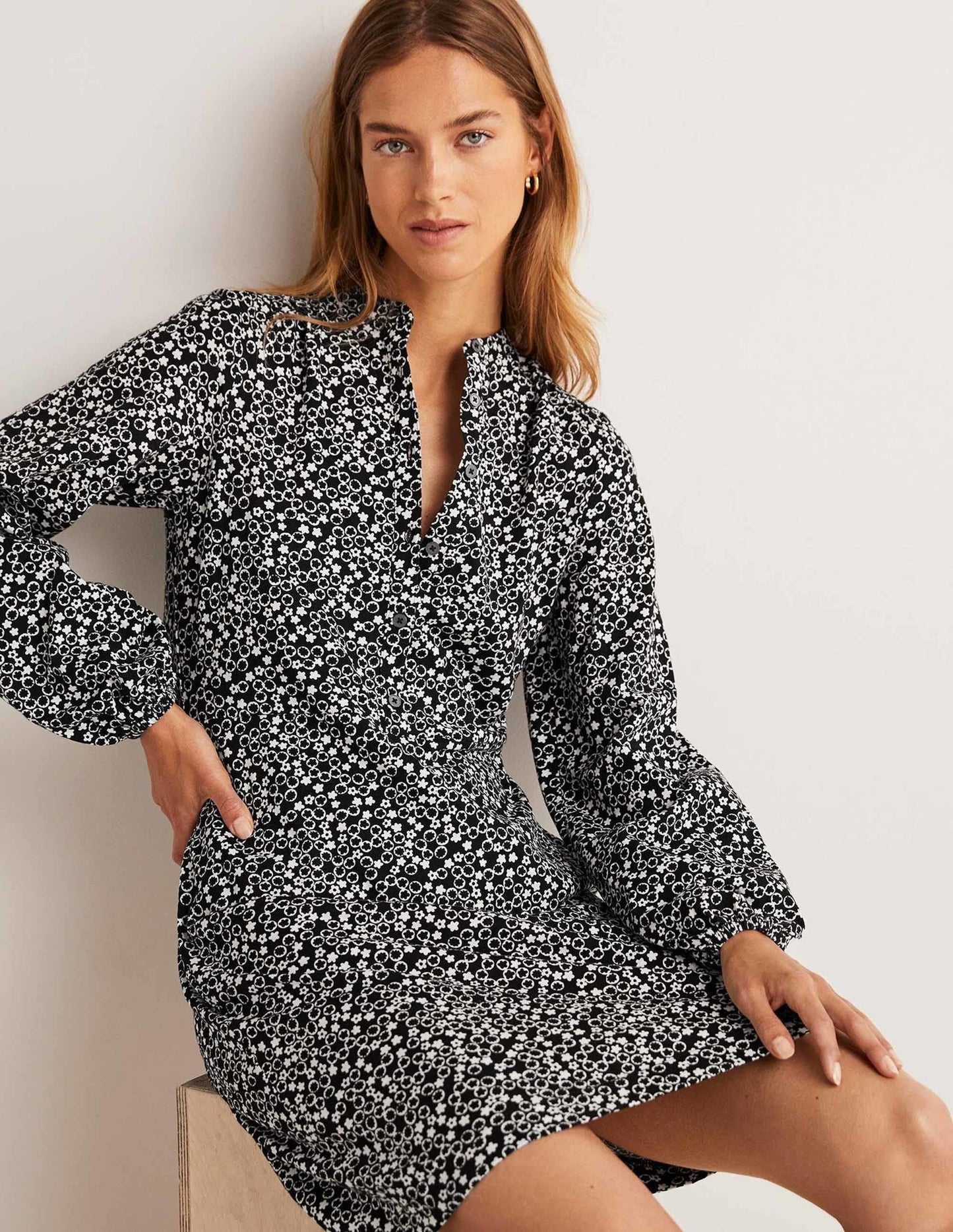 Belted Jersey Shirt Dress-Black, Floral Pebble