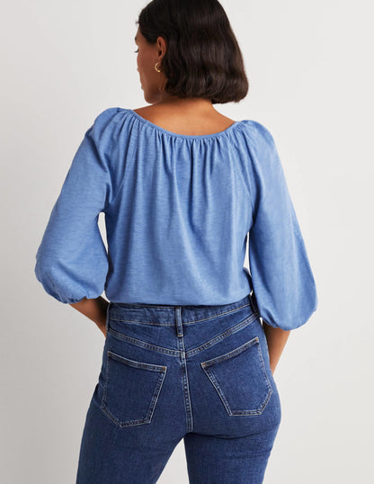 Blouson Sleeve Cotton Top-Riviera Blue