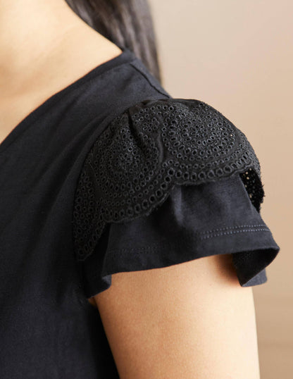 Broderie Cotton V-Neck T-Shirt-Black
