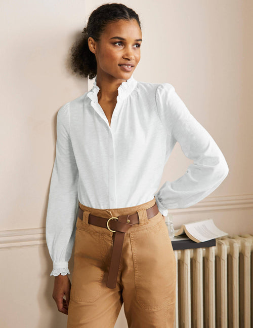 Broderie Trim Jersey Shirt-White