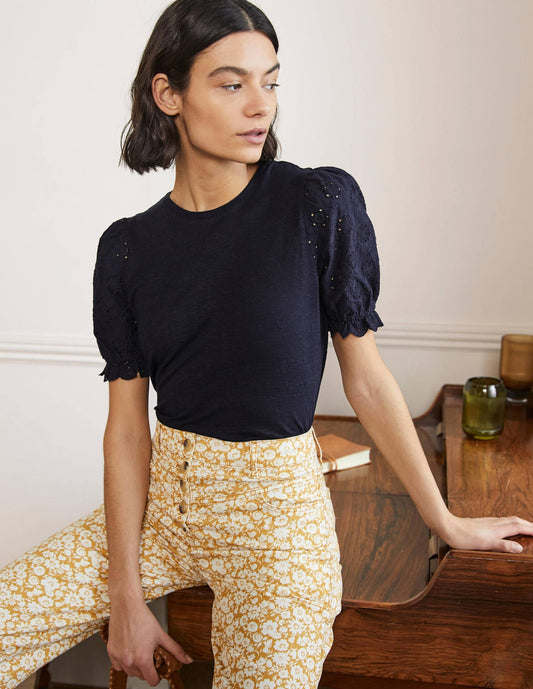 Broderie Sleeve Linen T-Shirt-Navy