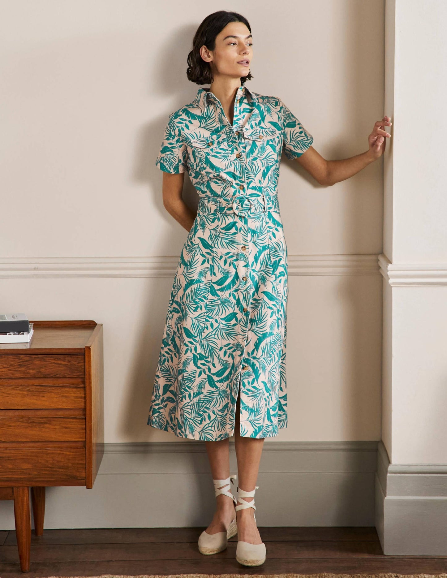 Belted Midi Shirt Dress-Milkshake, Tropic Foliage