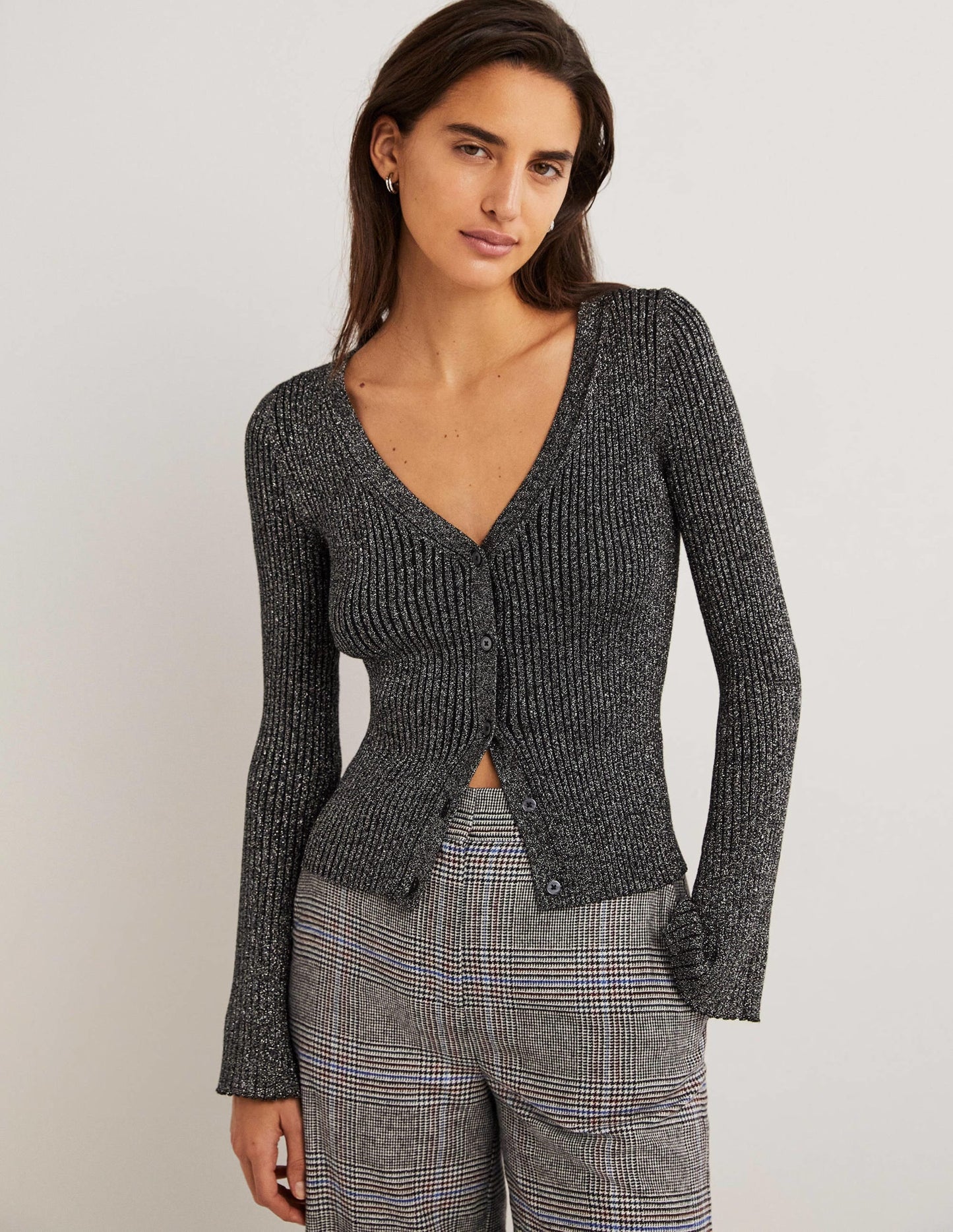 Black Ribbed Metallic Cardigan-Silver, Black