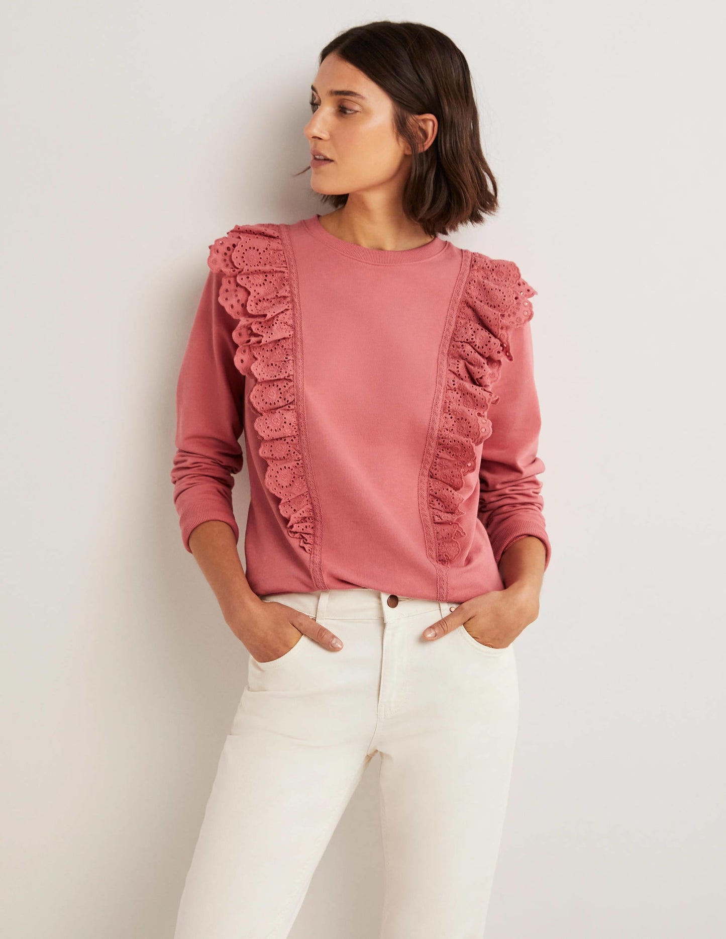Broderie Insert Sweatshirt-Dusty Red