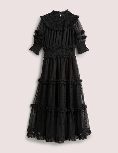 Black Polka Dot Tulle Midi Dress-Black