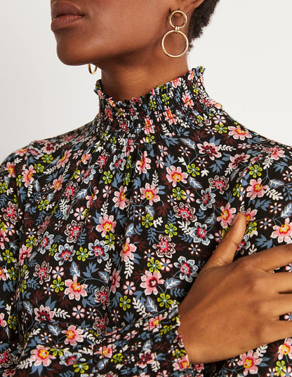 Black Floral High-Neck Shift Dress-Black, Opulent Leaf