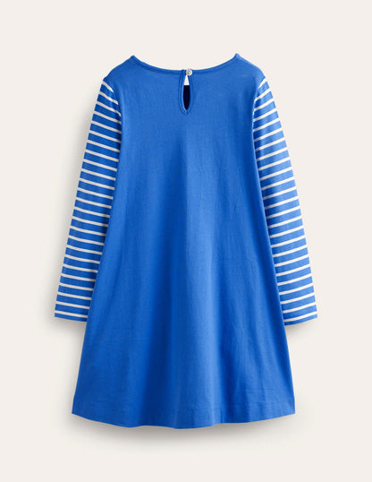 Big Appliqué Dress-Delft Blue Owls