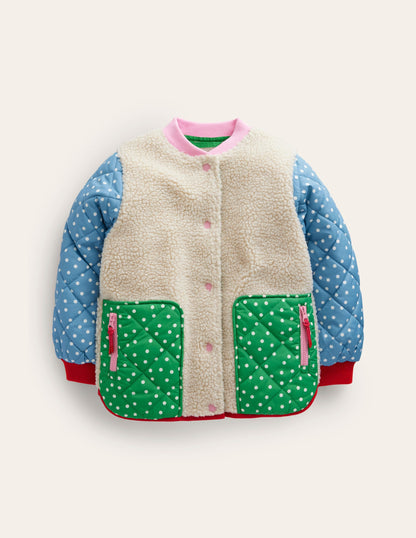 Borg Mix Bomber Jacket-Ivory / Colourblock Spot