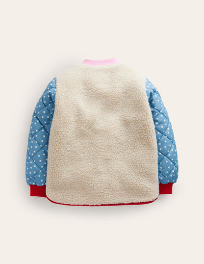 Borg Mix Bomber Jacket-Ivory / Colourblock Spot