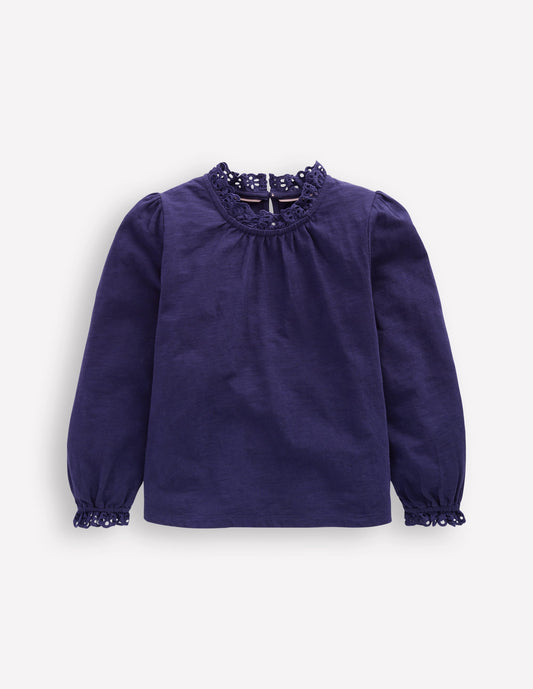 Broderie Trim Jersey Top-Starboard Blue