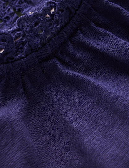 Broderie Trim Jersey Top-Starboard Blue