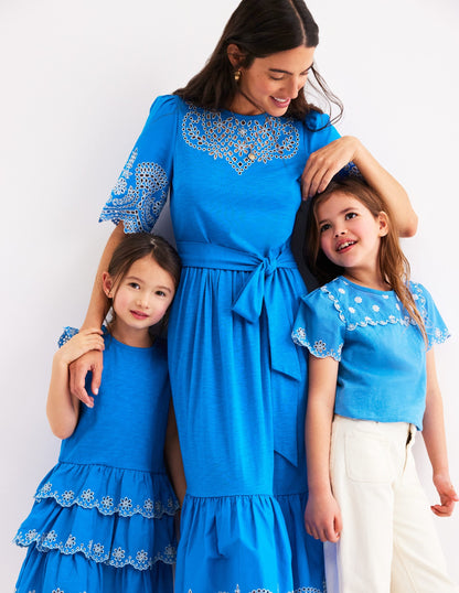 Broderie Sleeve Tee-Kingfisher Blue