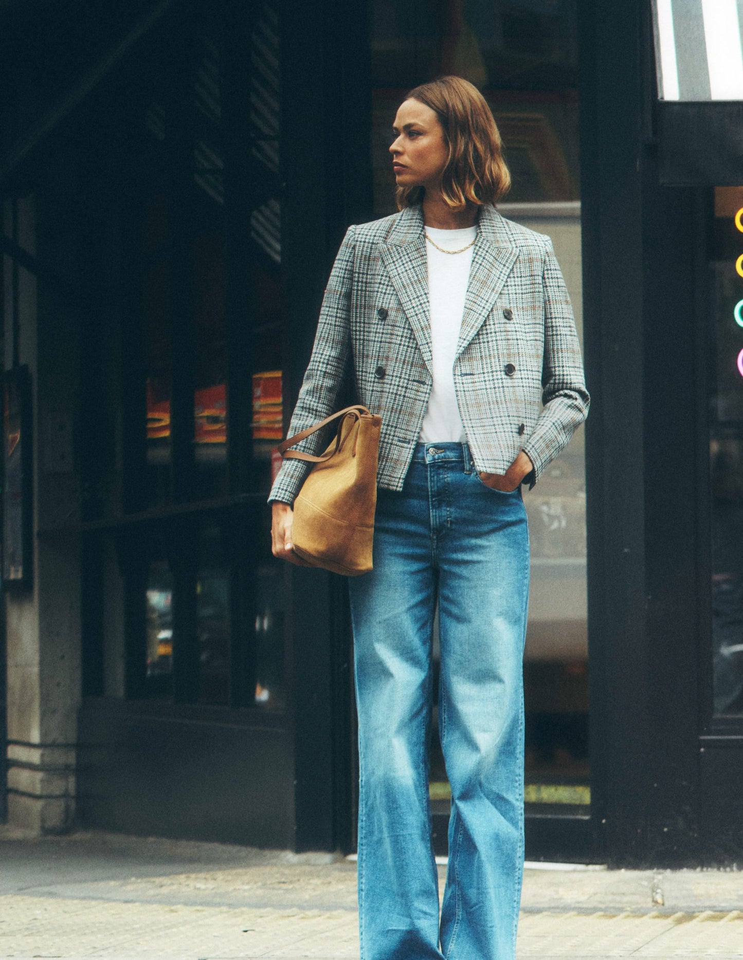 Boxy Double Breasted Blazer-Blue and Grey Prince of Wales
