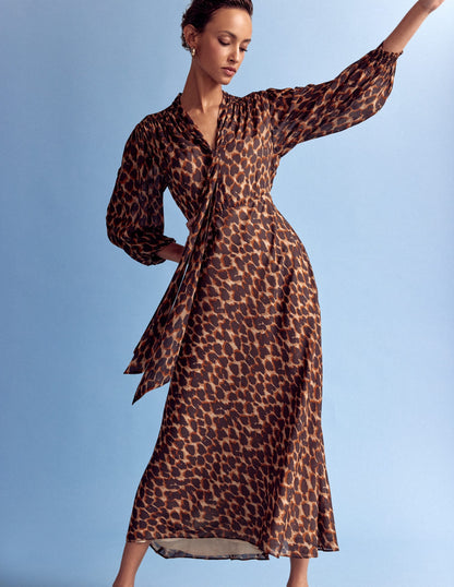 Brooke Tie Neck Tea Dress-Sand, Abstract Leopard Spot