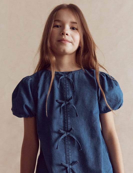 Bow Front Woven Top-Chambray