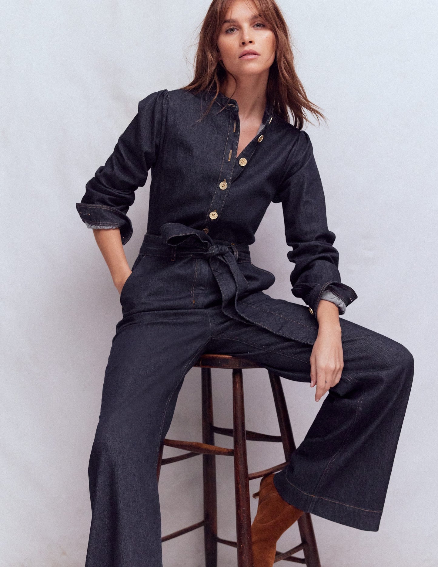Bootcut Button Denim Jumpsuit-Indigo