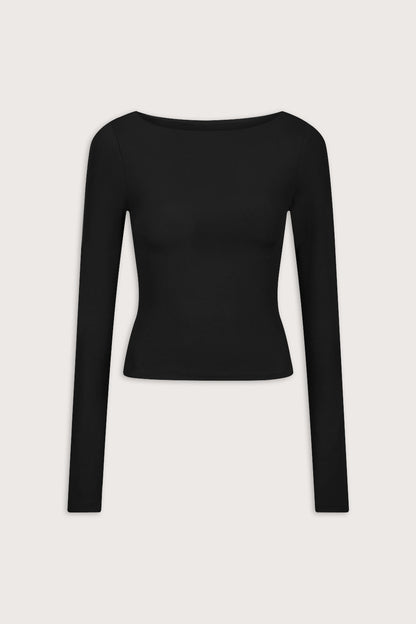 365 Boat Neck Long Sleeve Top - Shadow Black