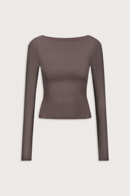 365 Boat Neck Long Sleeve Top - Mocha Brown