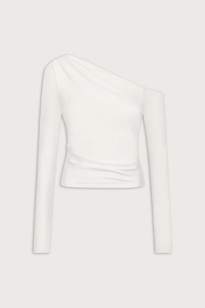 365 Asymmetric Ruched Long Sleeve Top - Coconut Milk