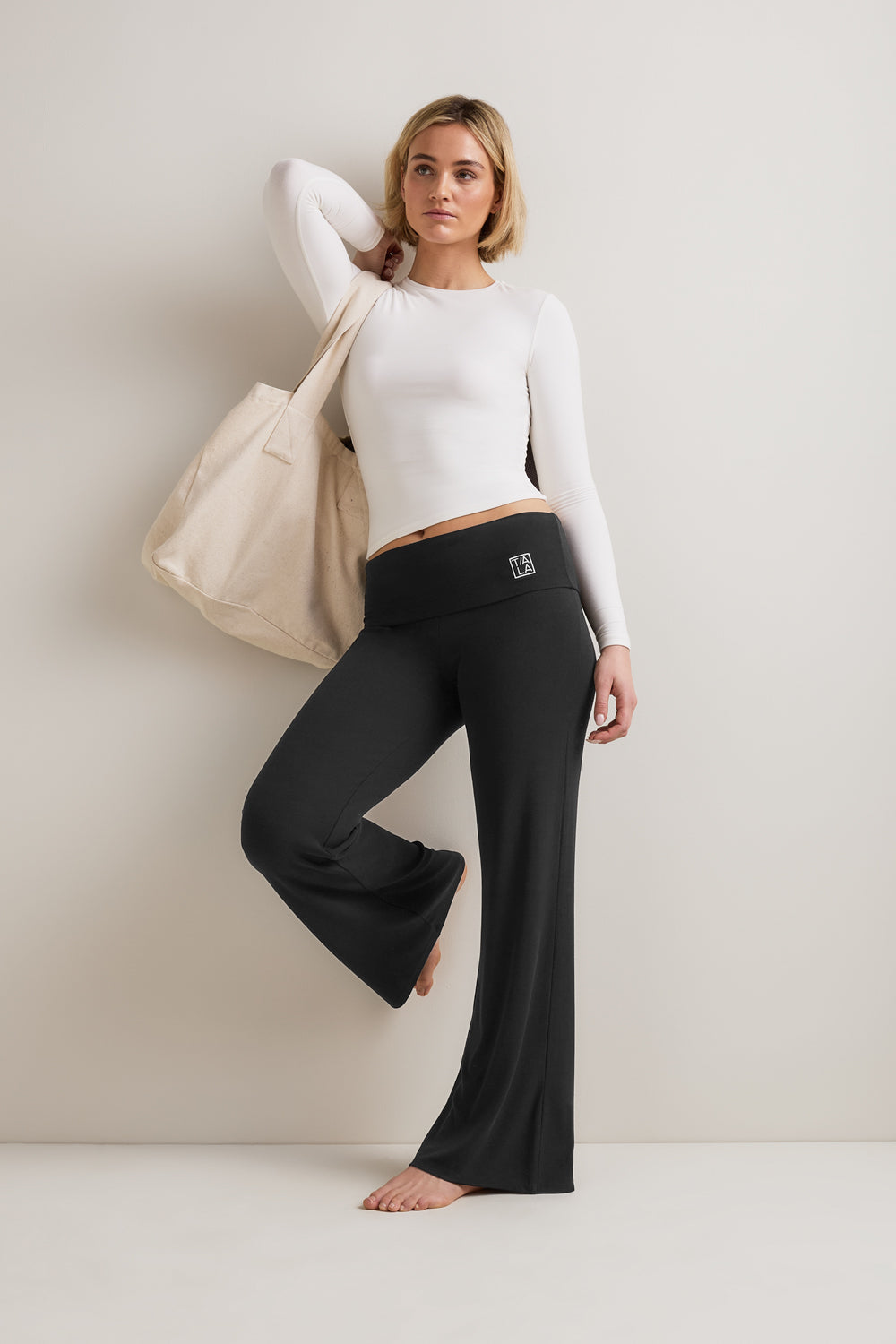 365  Sculpting Lounge Fold Waist Logo Flared Trousers - Shadow Black