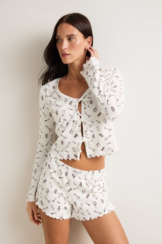 Tie Up Pyjama Cardigan - Ivory 'Wake Up' Print