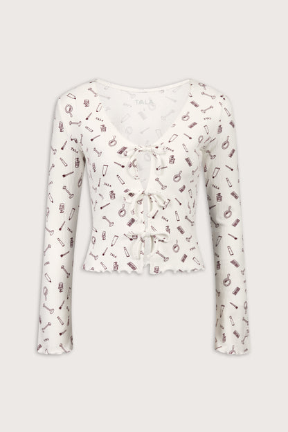 Tie Up Pyjama Cardigan - Ivory 'Wake Up' Print