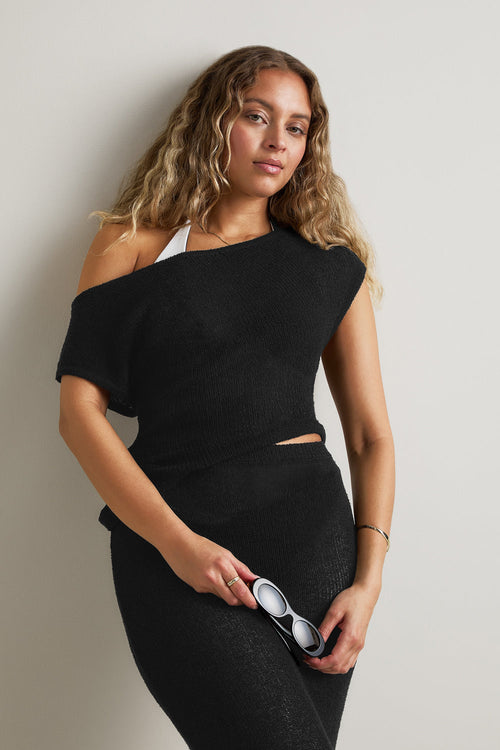 Beach Knit Asymmetric Top - Shadow Black