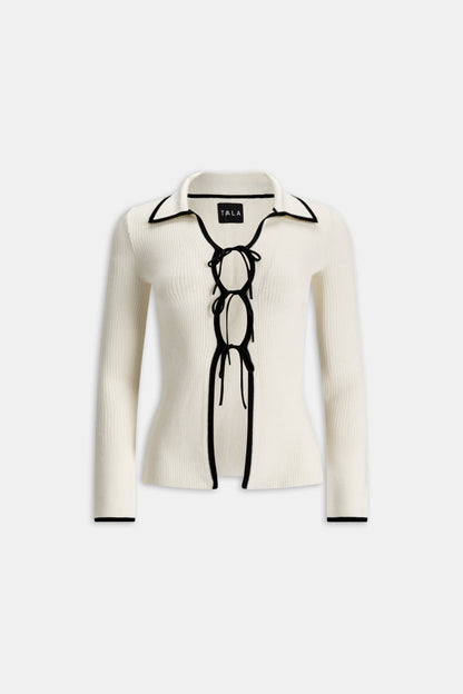 Slim Fit Long Sleeve Ribbed Knit Tie Top - Buttermilk And Black