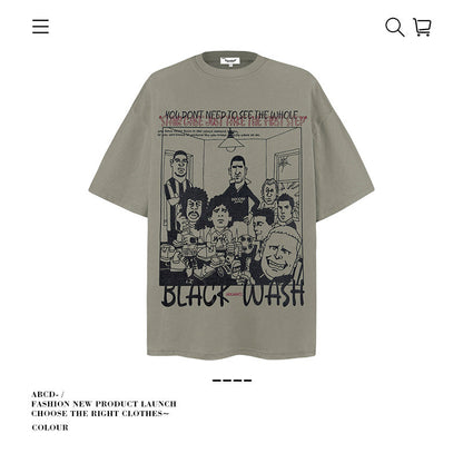 American vintage street T-shirt cotton fun cartoon print men and women summer loose