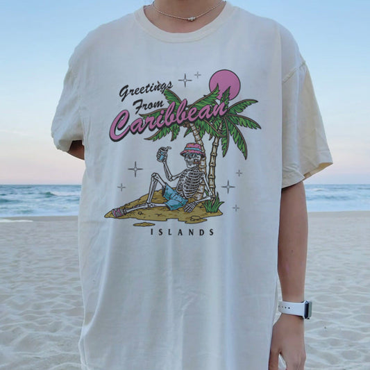 5013Carib Summer Skeleton Tropical Beach T-Shirt Oversized