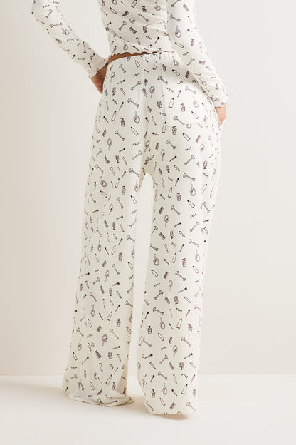 Wide Leg Pyjama Bottoms - Ivory 'Wake Up' Print
