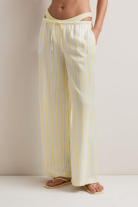 Soft Linen Drawstring Trouser - Lemon / Blue Stripe