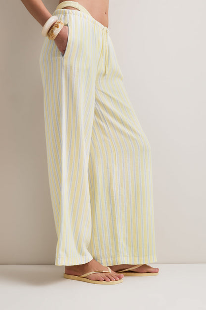 Soft Linen Drawstring Trouser - Lemon / Blue Stripe