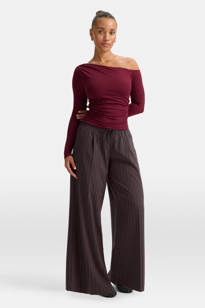 365 Asymmetric Ruched Long Sleeve Top - Port Red
