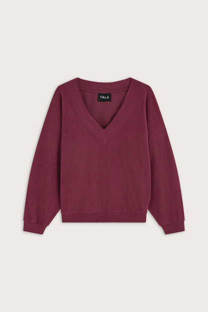 Plush Oversized V Neck Sweatshirt - Cranberry