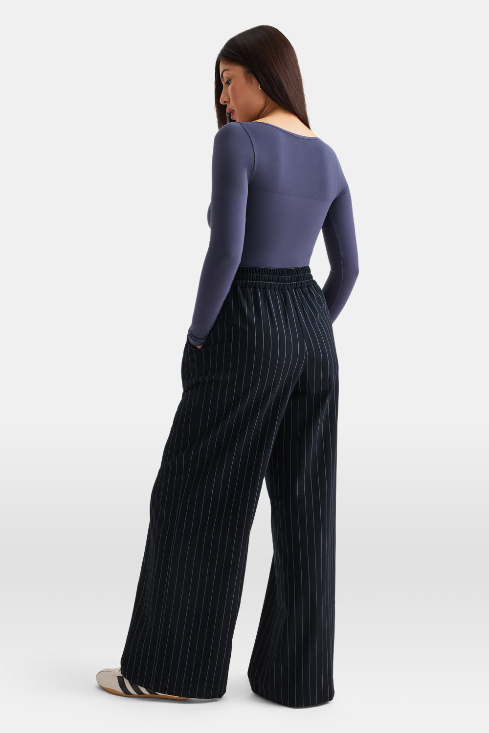 Drawstring Wide Leg Trousers - Navy Stripe