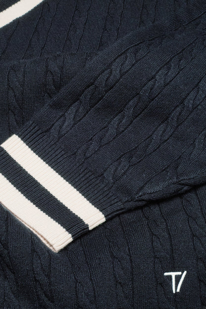 Oversized V Neck Knitted Cricket Jumper - Midnight Navy / Ivory