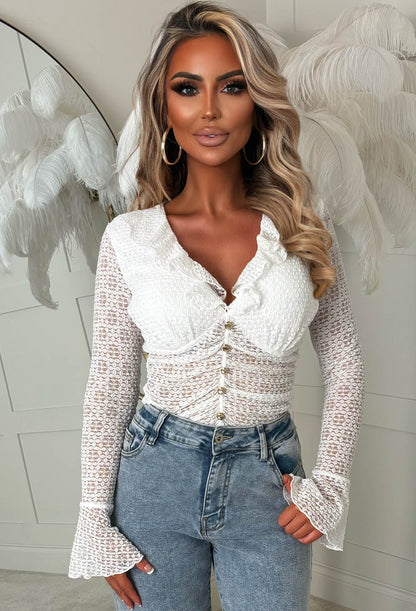 Blushing Silhouette White Ruffle Ruched Bodysuit