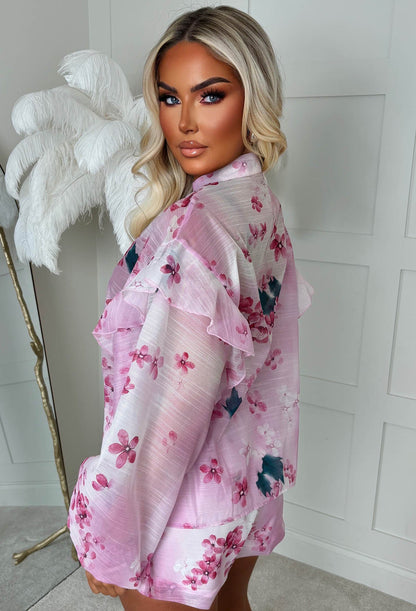 Chaya Pink Floral Pussybow Blouse & Short Co-Ord